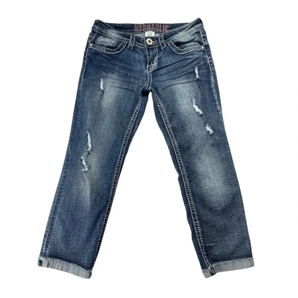 Hydraulic Bailey Crop Jeans Size 7/8 Denim Blue Stitching Women's Flip Pockets - Picture 1 of 6